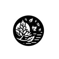Elegant, minimalist black and white emblem featuring a stylized tree with falling leaves against a circular background with a moon or sunlike shape. vector