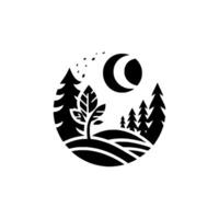 Minimalist Black and White Landscape A Crescent Moon Over a Silhouetted Forest and Young Tree within a Circular Frame. vector