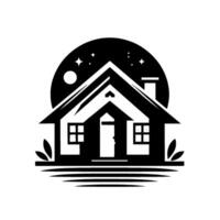 A minimalist black and white illustration of a cozy house under a night sky with a moon and stars, conveying a sense of warmth and tranquility. vector