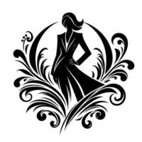 Elegant Silhouette of a Woman in a Long Coat Encircled by Decorative Floral Elements A Stylized, HighFashion Emblem. vector