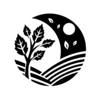 A stylized black and white illustration depicting a tree with leaves, rolling fields, a crescent moon, and a round sun or star, inside a circular border. vector