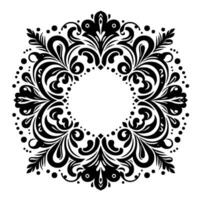 An intricate symmetrical circular , rendered in black and white, featuring stylized floral and foliate elements, and a decorative dotted border. vector