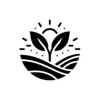 Monochromatic depicting growth Two leaves emerge from rolling hills, beneath a stylized sun, conveying natures nurturing essence. vector