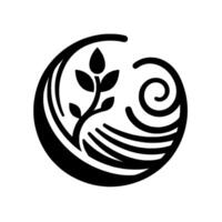 A stylized black and white featuring a plant with leaves within a circular , evoking growth and organic elements, surrounded by stylized water elements. vector