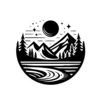A monochrome, circular landscape features mountains, trees, a river, a moon, and stars, conveying a serene, natural scene. vector