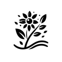 Elegant Black and White Floral Illustration A stylized flower with petals, leaves, stem, and decorative wavy lines, on a minimalist white background. vector