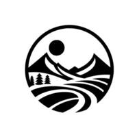 Black and white minimalist landscape scene within a circle frame, featuring stylized mountains, sun, trees, and rolling fields. vector