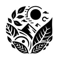 Monochromatic Nature A Circular Arrangement of Leaves, Mountains, Sun, Clouds, and Abstract Shapes, Depicting Balance. vector