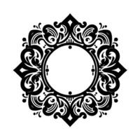 Intricate Black and White Ornamental Mandala Circular Framework with Flowing, Symmetrical Floral Elements and Geometric Accents, Isolated on White. vector