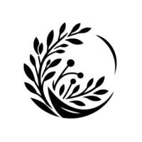 Elegant botanical illustration with a curved black silhouette of leaves and berries enclosed within a partial circle, set against a clean white background. vector