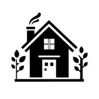 Simple, stylized black and white illustration of a house with smoke, a front door, a window, and leafy branches, portraying a serene, ecofriendly aesthetic. vector