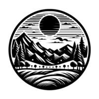 Monochrome circular landscape illustration depicting a stylized mountain range, trees, and sun, evoking a serene natural scene. vector