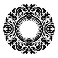 Elegant symmetrical black and white floral , intricate circular ornament with a central empty circle for text or further detail, on a crisp white background. vector