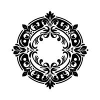 Intricate, symmetrical black and white circular floral with stylized leaves and swirling embellishments, creating a decorative emblem or ornamental pattern on a white background. vector