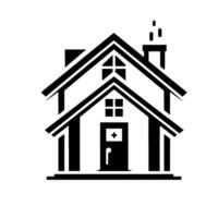 A Minimalist Black and White Architectural Depicting a House, Featuring Simplified Windows, a Chimney, and Door with a Cross, Symbolizing a Clinic or Safe Haven. vector