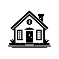 Minimalist Black and White Illustration of a House with a Cross on the Roof and Door, Surrounded by Simple Foliage, Symbolizing Community or Care. vector