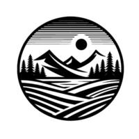Minimalist Black and White Circular Illustration Featuring Mountains, Pine Trees, a Sun, and a Field, Evoking Natures Serenity. vector