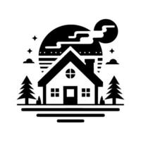 A minimalist black and white illustration of a charming cottage, with a circular background of a moon and smoke, surrounded by trees and stars, creating a serene landscape. vector