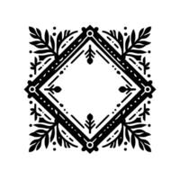 Intricate Black and White Geometric Pattern Featuring a Diamond Frame with Decorative Floral Accents and Dots, Suitable for Invitations or Logos. vector