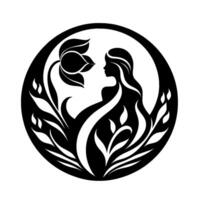 Elegant Silhouette A womans profile intertwined with stylized flower and foliage, contained within a circular black frame on a white background. vector