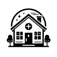 Simplified monochrome illustration of a medical clinic or hospital, featuring a cross symbol, a house silhouette, and an arched backdrop with stars and a chimney. vector