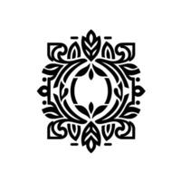 Symmetrical Black and White Floral Emblem Featuring Ornate Leaf and Scroll Motifs, Ideal for Decorative Branding and Elegant Visuals. vector