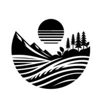 Black and White Geometric Landscape Sun, Mountains, Forest, and Field Elements Enclosed Within a Circle. Clean . vector