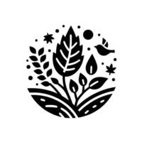 Symbolic Black White Botanical Circle Leaves, Bird, Dots, and a Stylized Nature Scene with Minimalist Aesthetic. vector
