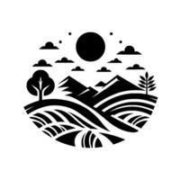 A monochrome, stylized landscape featuring rolling hills, mountains, a large sun, clouds, and trees, enclosed within a circular frame. vector