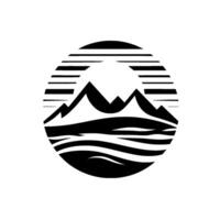 A minimalist black and white circular featuring stylized mountains, waves, and sunlike horizontal lines, evoking a sense of serenity and adventure. vector