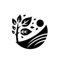 A stylized black and white emblem featuring a young tree with leaves within a circular landscape, sun, and stylized terrain representing growth. vector