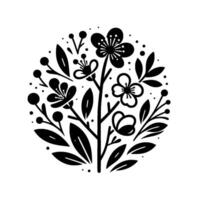 A stylized, monochrome floral arrangement in a circular frame, showcasing delicate blossoms, leaves, and berries, creating a balanced, minimalist . vector