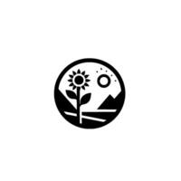 Minimalist Black and White Circular A Sunflower, Sun, and Mountain Scene vector