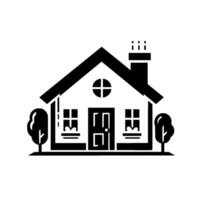 Monochromatic Black and White House Illustration with Chimney, Trees, and Minimalist Aesthetic. vector