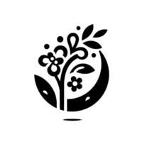 Stylized Black Floral Motif Featuring Flowers, Leaves, and Dots Within a Crescent Shape, Set Against a White Background, Simple Yet Elegant . vector