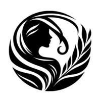 Silhouette of a womans profile and flowing hair within a circular , intertwined with stylized leaves, creating a modern, elegant . vector