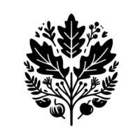 Intricate Black and White Botanical A stylized oak leaf composition with berries and foliage arranged in a symmetrical and ornamental fashion on a white background. vector