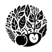 A striking, stylized circular arrangement showcasing an apple, its cutaway core, leaves, berries, and branches, all rendered in bold black against a pristine white backdrop. vector