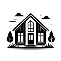 Monochromatic Black and White Illustration Simple, Geometric House, surrounded by stylized trees, grass, clouds, and stars. vector