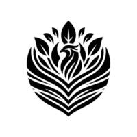 Black and White Abstract Phoenix A stylized bird emblem with leaf accents, set in a circular form, showcasing a minimalist aesthetic. vector