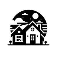 A stylized, black and white depicts a charming house under a night sky with stars, clouds, and a full moon, within a circular frame. vector