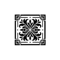 An ornate, symmetrical black floral within a square frame, showcasing stylized leaves and corner embellishments on a white background. vector