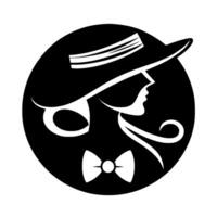 Elegant Silhouette A Woman in a WideBrimmed Hat and Bow Tie Within a Circular Black Background A RetroChic . vector