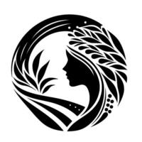 Elegant Black and White Silhouette of a Woman in a Circle, Adorned with Flowing Hair and Botanical Elements, Evoking Serenity. vector