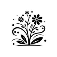A stylized black floral , featuring daisies, leaves, and swirling elements against a white backdrop, evoking simplicity and elegance. vector
