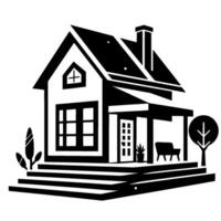 Monochrome illustration of a twostory house with a porch, chimney, and landscaping, depicting a simple, modern aesthetic. vector