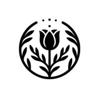 Elegant Minimalist Black and White Floral Emblem Featuring a Tulip Surrounded by a Circular Foliage Frame with Dot Accents. vector