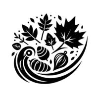 Stylized Black and White Autumnal Composition Featuring Leaves, Gourds, Acorns, and Spiraling Elements on White Background. vector