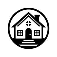 Black and white of a house with a round frame, featuring a minimalist , steps, chimney, windows, and door, suggesting homeownership or real estate. vector