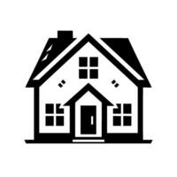 Clean, modern minimalist black and white illustration of a simple house with a gabled roof, chimney, windows and door. vector